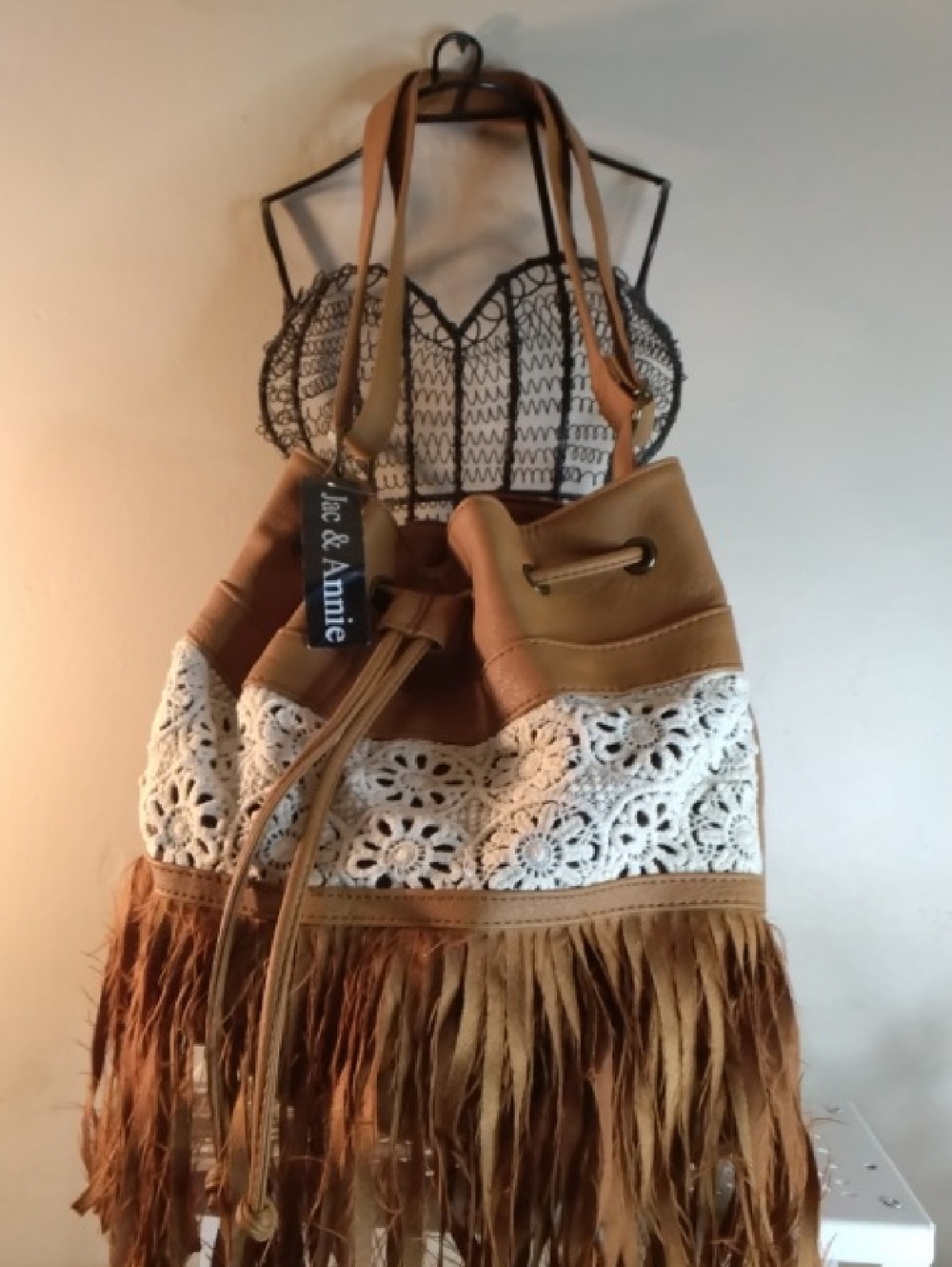 Tan Crochet Fringe Bucket Bag